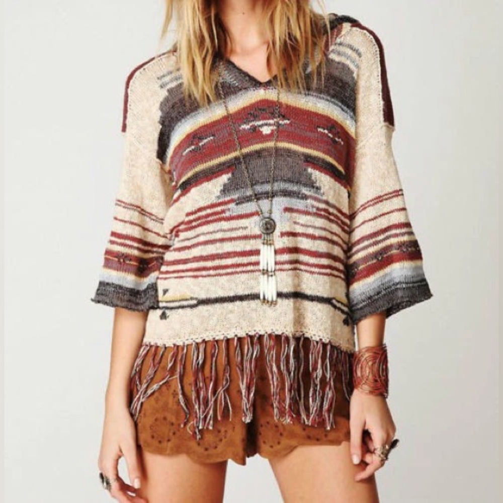 Free People Navajo Dune Sweater With Fringe Aztec Print Hoodie Pullover